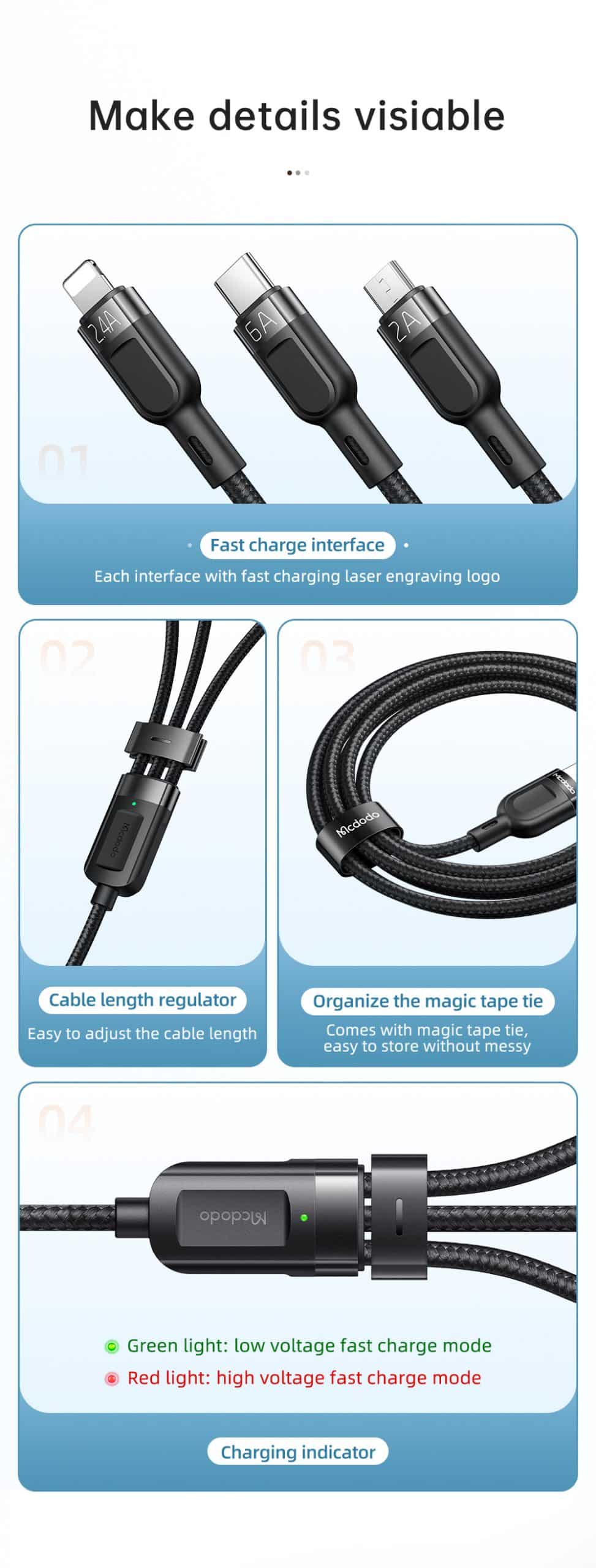 Cáp Sạc 3 Đầu Type USB/ Type C/ Lightning MCDODO CA-0930